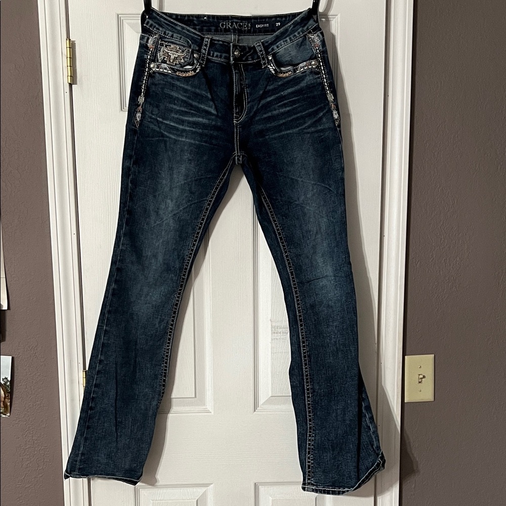 Grace in LA Women's Dark Blue Boot Cut Jeans with Embellished Details